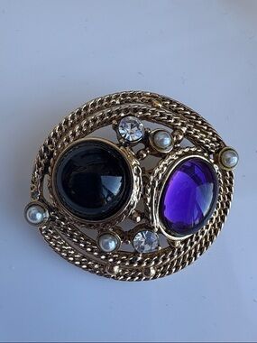 Gold-Tone Brooch with Black and Purple Cabochons and Rhinestone and Pearl Accent